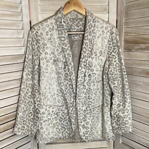 Raquel Allegra 100% Woven Linen Distressed Leopard Open Blazer 3 L